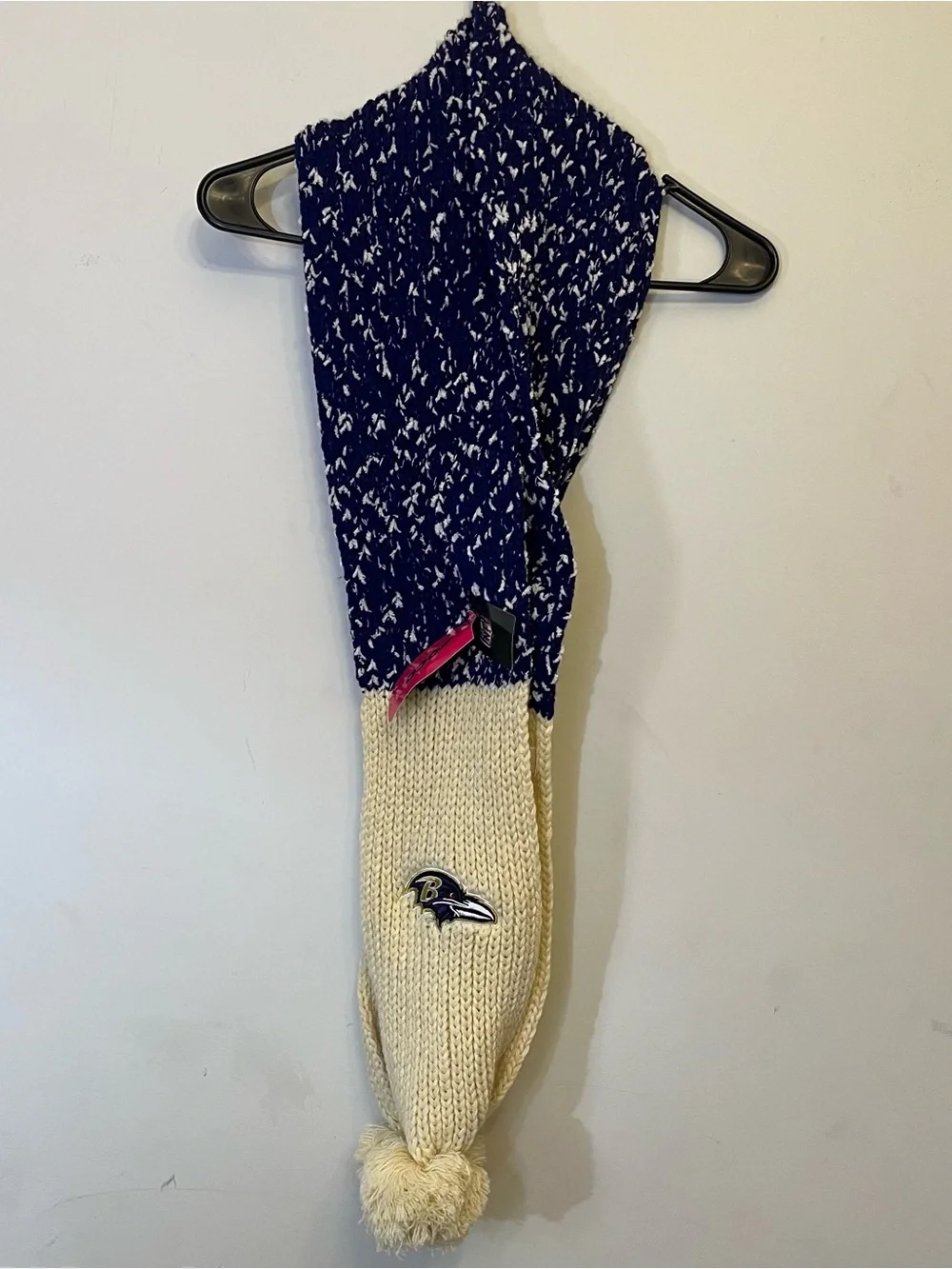 NWT Baltimore Ravens NFL FOCO Confetti Purple Cream Knit Winter Scarf W/ Pompoms